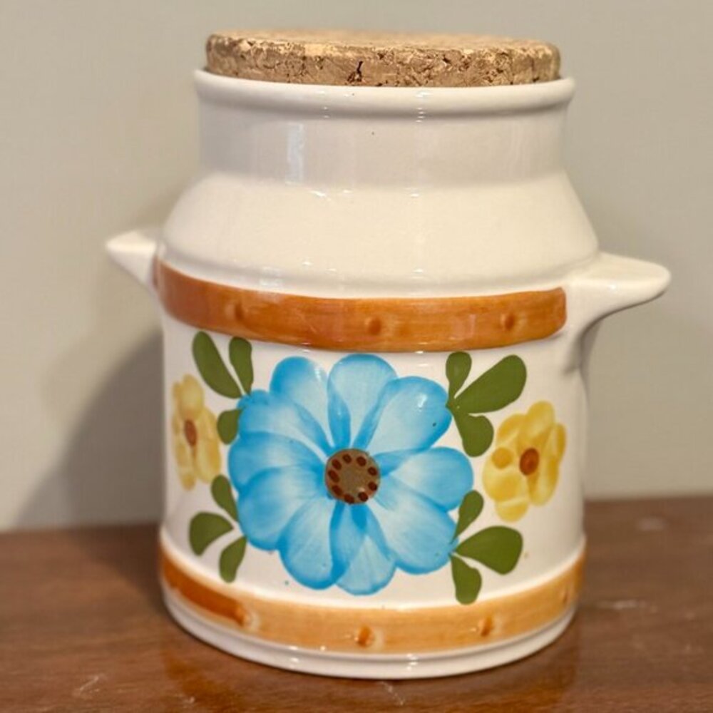 🌼 Vintage FTD Stoneware Canister with Cork Lid – with Reinforced Bottom